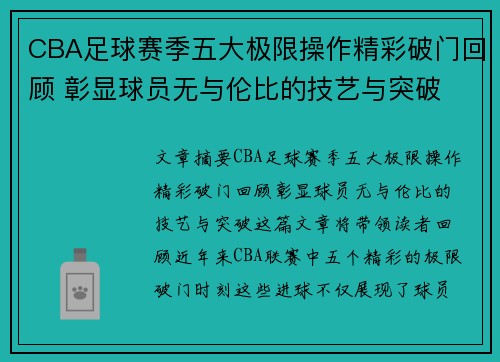CBA足球赛季五大极限操作精彩破门回顾 彰显球员无与伦比的技艺与突破