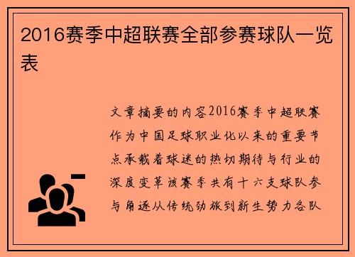 2016赛季中超联赛全部参赛球队一览表