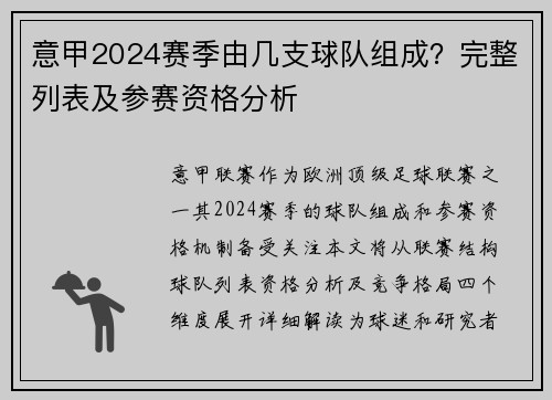 意甲2024赛季由几支球队组成？完整列表及参赛资格分析